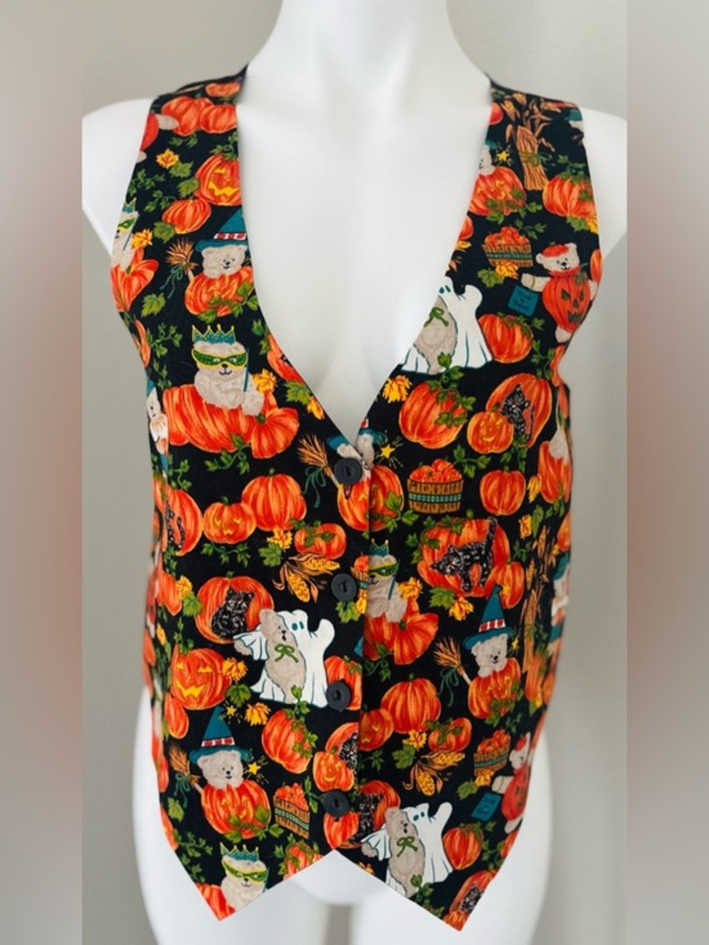 Vintage 1990s Basic Editions Halloween Vest Whimsical Teddy Bears Pumpkins Ghost